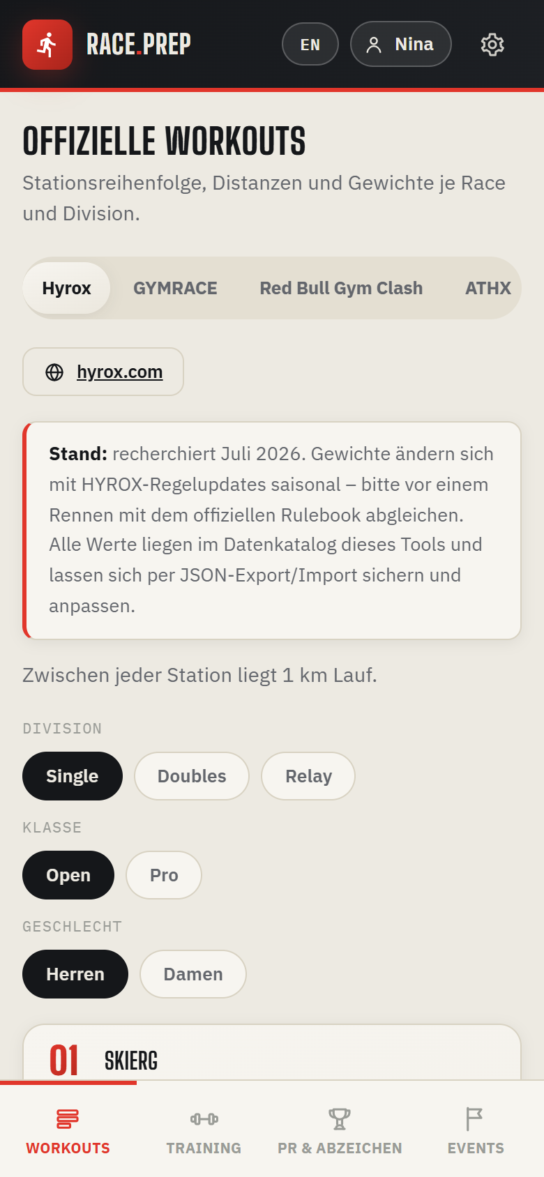 Fitness Race Prep – Workout-Datenbank