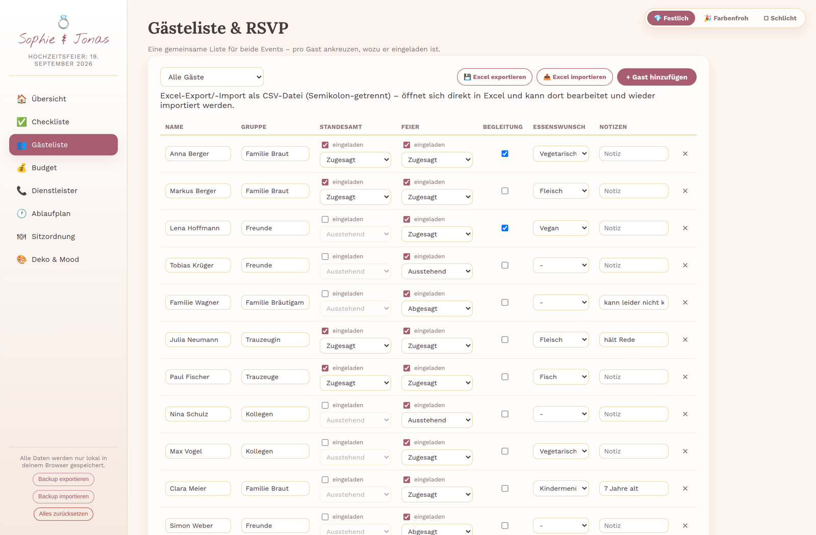 Hochzeitsplaner – Gästeliste & RSVP